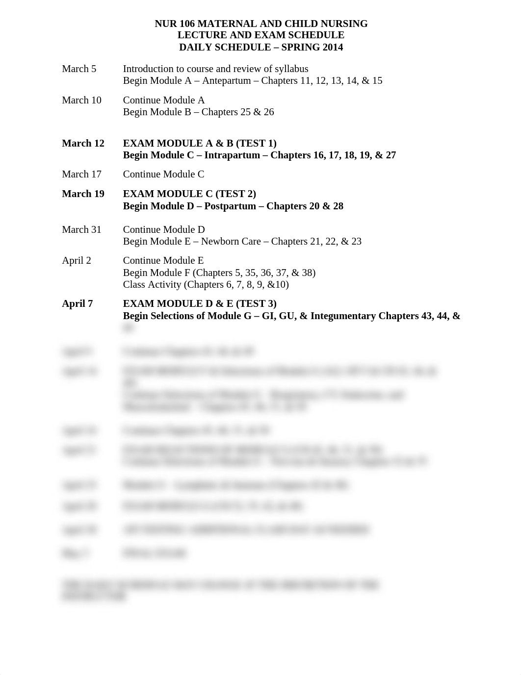 NUR 106 MATERNAL AND CHILD NURSING DAILY SCHEDULE Spring 2014_dw7abk6xilq_page1