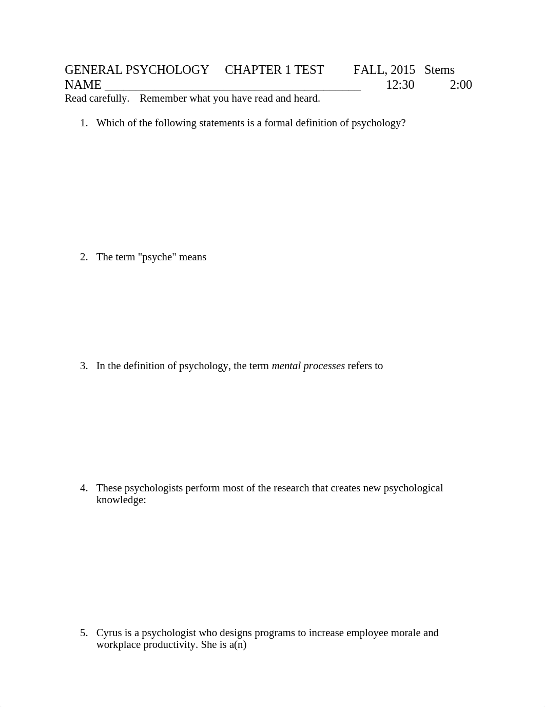 GENERAL PSYCHOLOGY   CHAPTER 1 TEST,FALL, Stems_dw7gg9mq2sy_page1