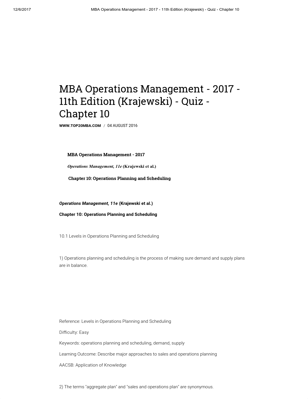 MBA Operations Management - 2017 - 11th Edition (Krajewski) - Quiz - Chapter 10.pdf_dw8tjqk23fb_page1