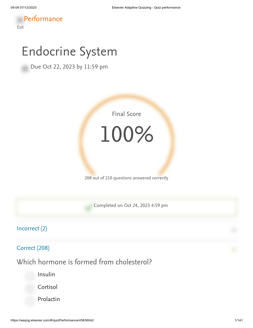 Elsevier Adaptive Quizzing - Quiz performance Endocrine.pdf_dw9jvl10f37_page1