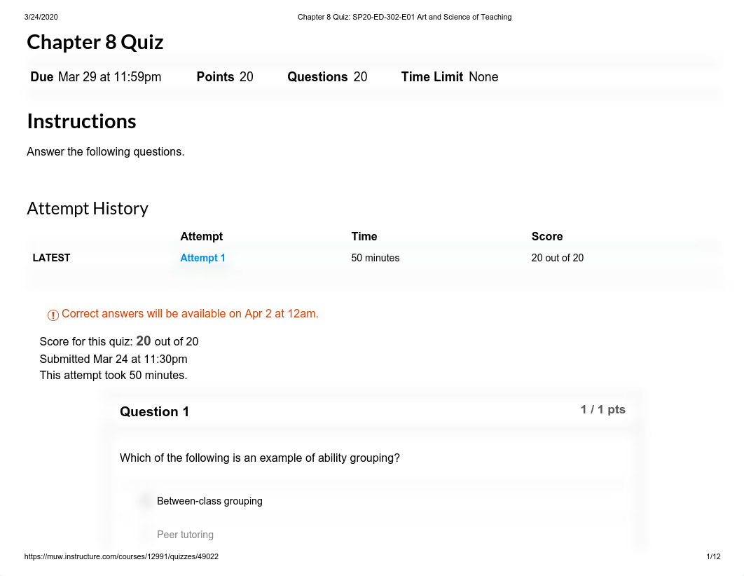 Chapter 8 Quiz_ SP20-ED-302-E01 Art and Science of Teaching.pdf_dwftk1fu0xt_page1