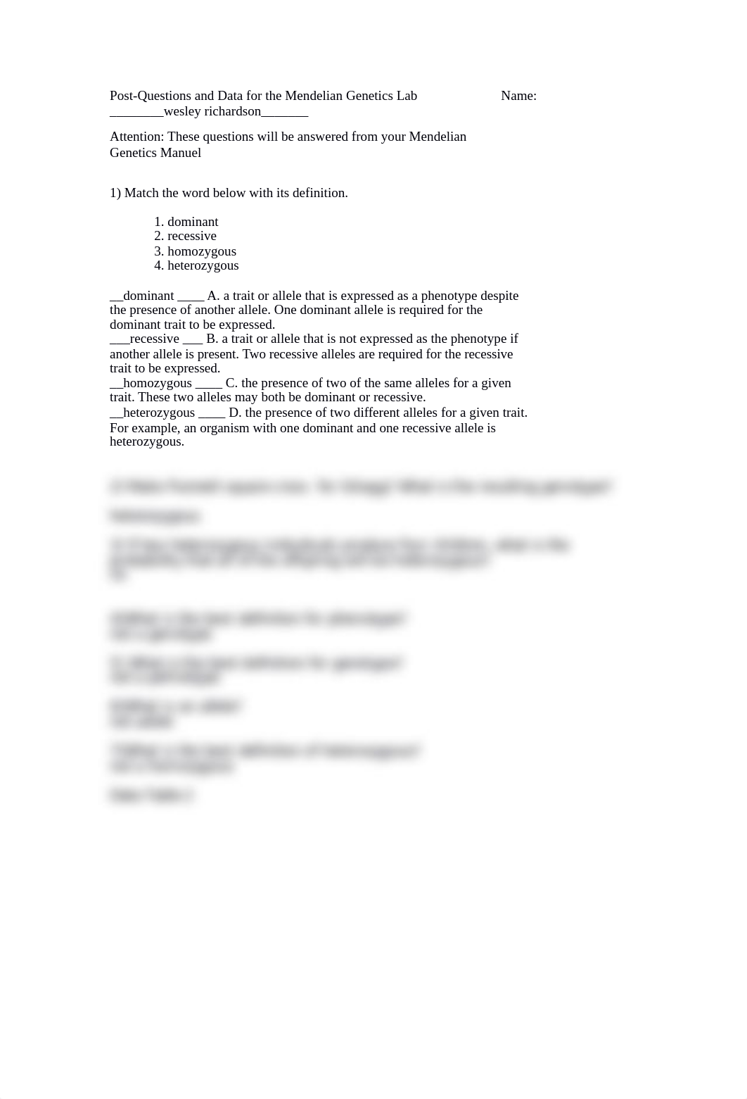 Medelian Genetics- Post lab questions and data_WESLEYRICHARDSON.docx_dwjvlzre5xe_page1