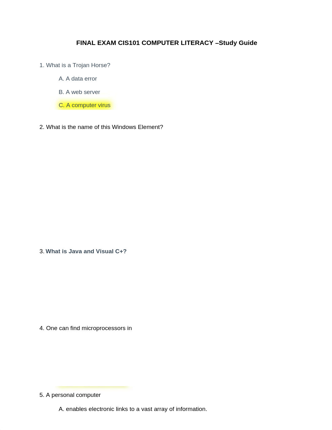 FINAL EXAM CIS101 COMPUTER LITERACY -Study Guide.docx_dwl4764zy1g_page1