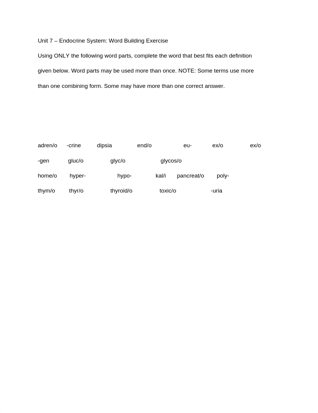 Unit 7 - Endocrine System: Word Building Exercise_dwl6k291hba_page1