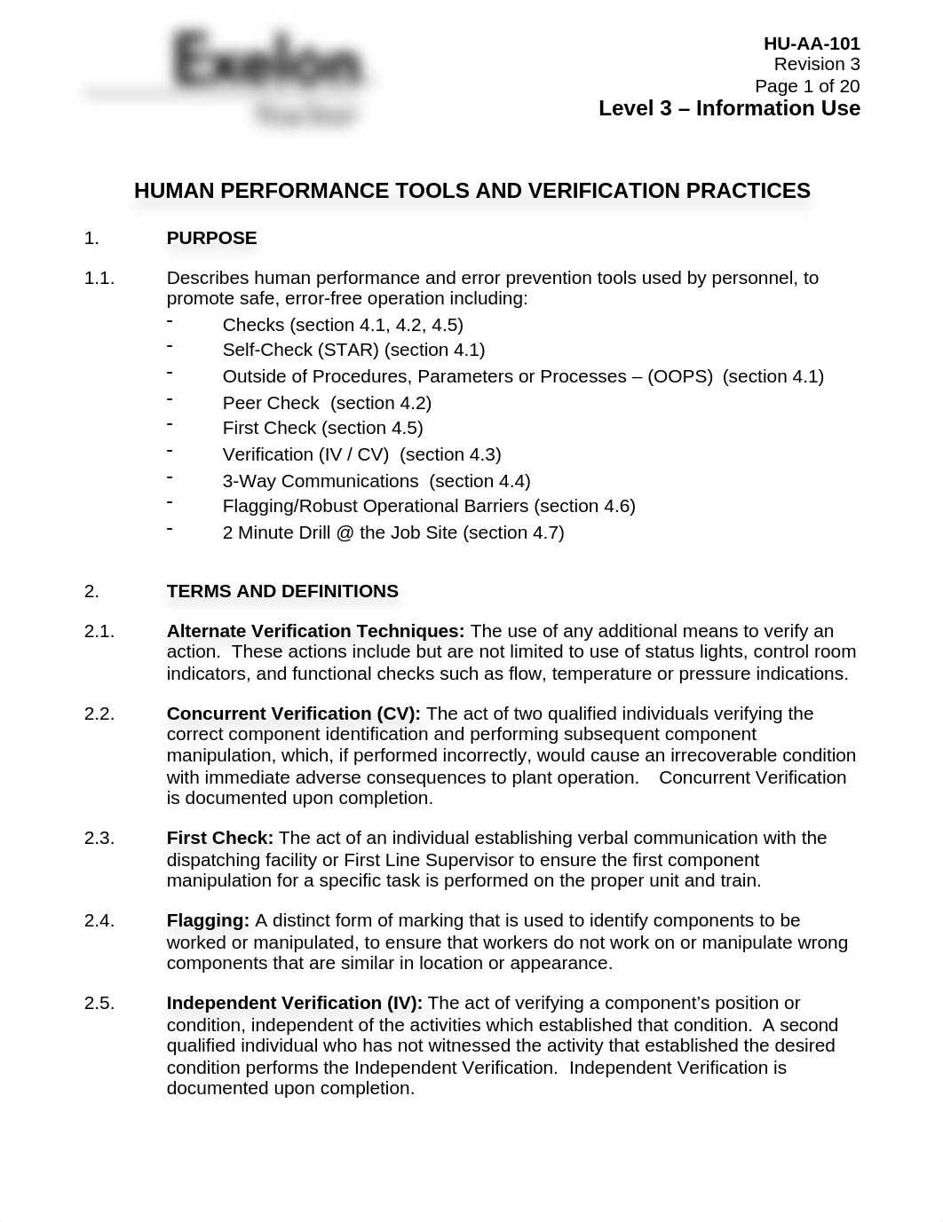 HU-AA-101, Rev 003, HUMAN PERFORMANCE TOOLS AND VERIFICATION.doc_dwm0px7zy00_page1