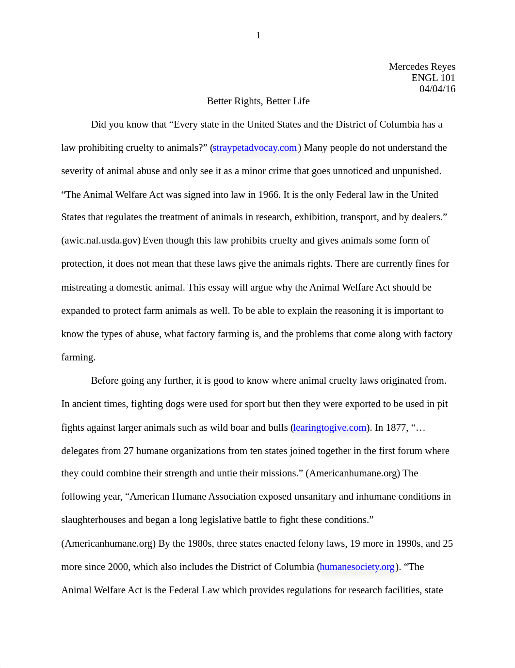 Better Life, Animal Rights Essay NEIU_dwpb4k2d163_page1