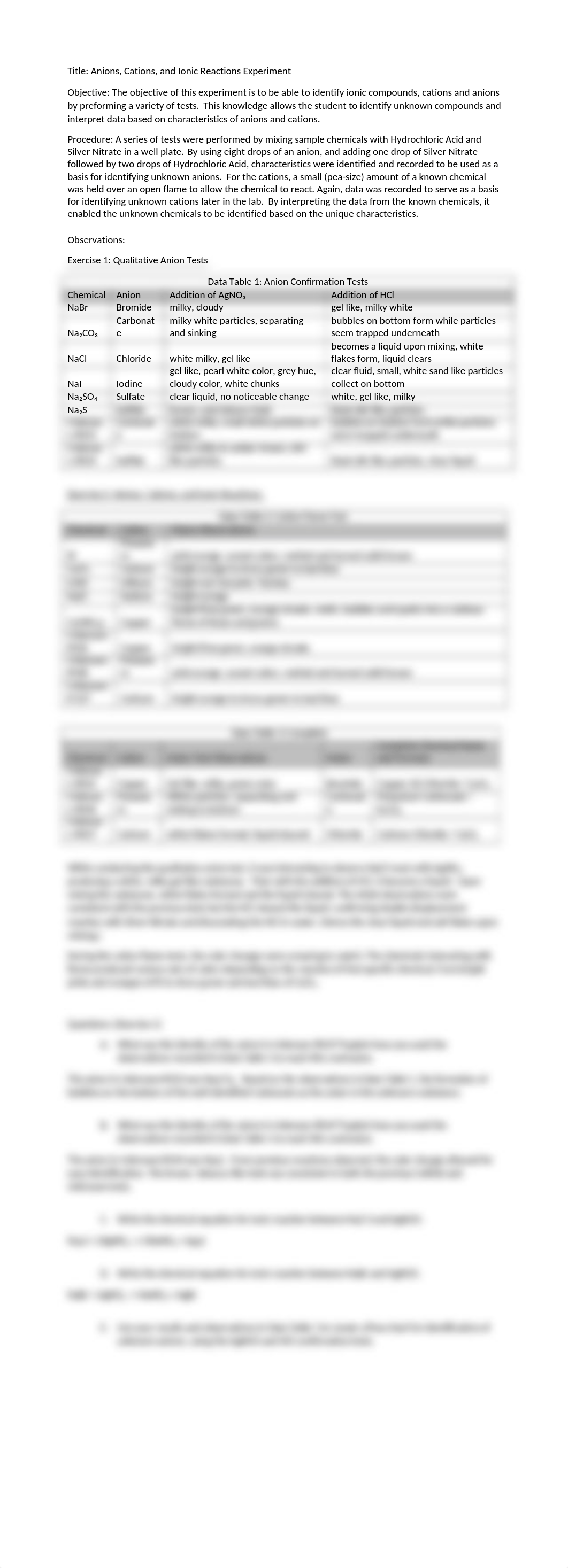 Anions, Cations and Ionic Reactions Lab Report  COURSEHERO.docx_dwppqndfvei_page1