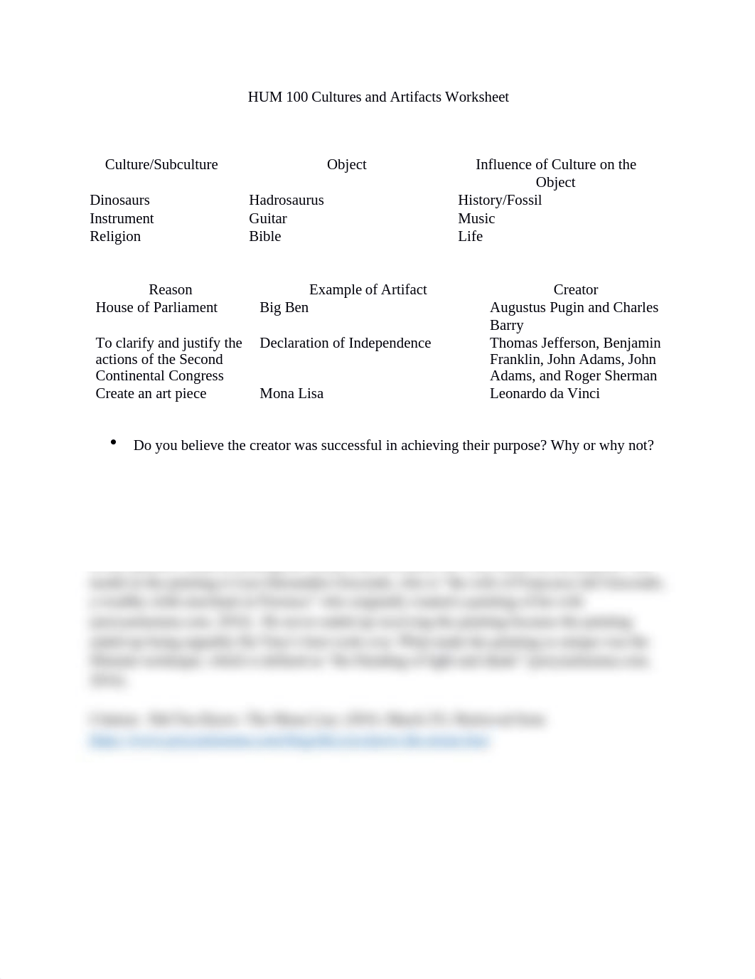 HUM 100 Cultures and Artifacts Worksheet .docx_dwtyzod2gmn_page1