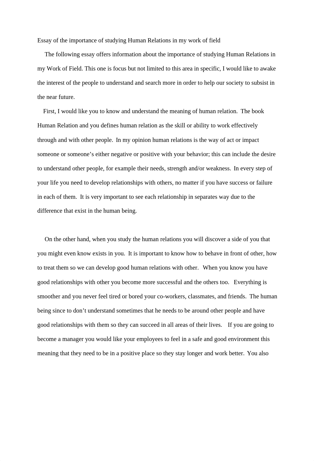 Essay The importance of studying Human relations in My work of field.doc_dwyer6npc3h_page1