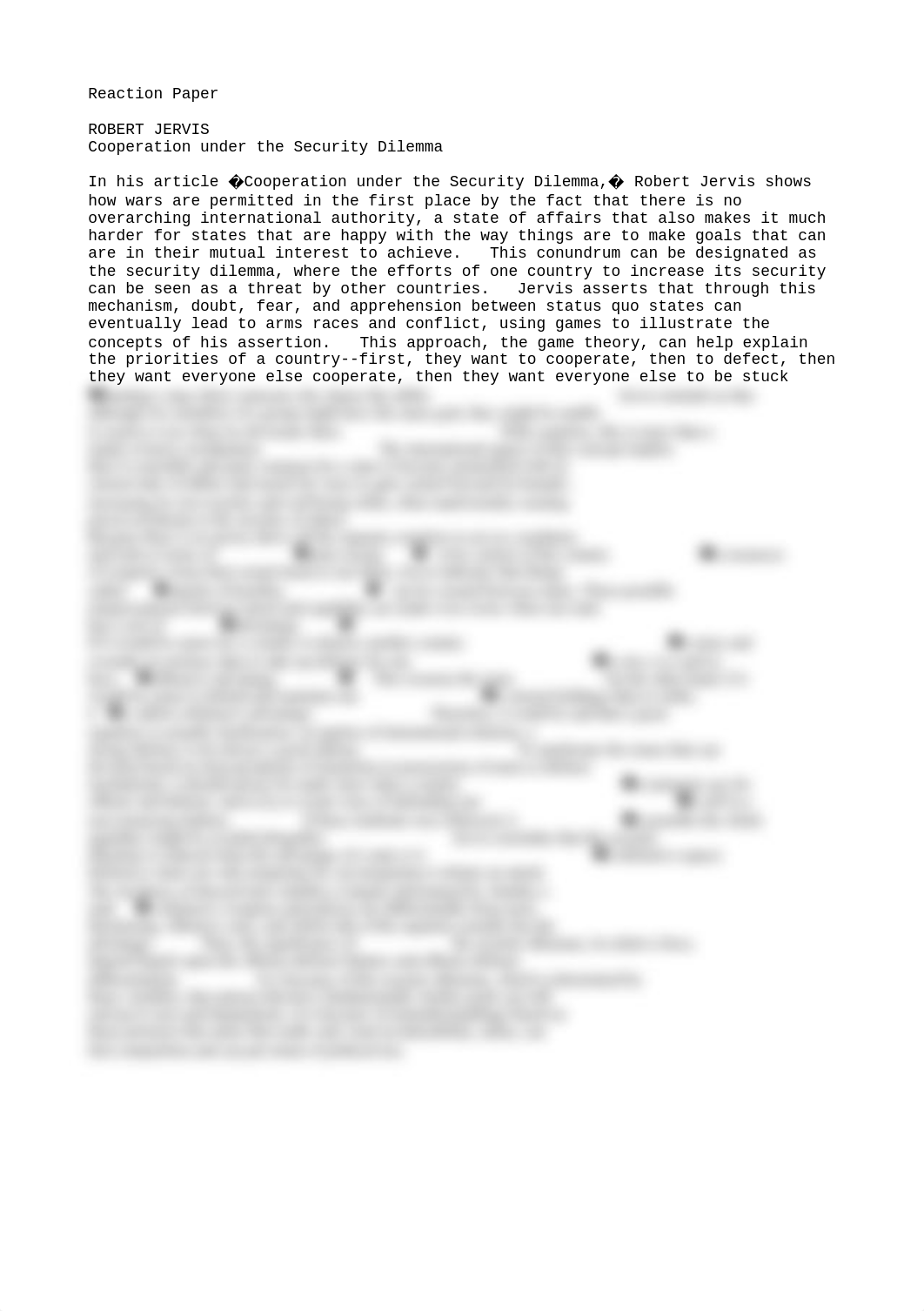 POSC170 Robert Jervis - Cooperation Under The Security Dilemma Essay_dwzkj642k3p_page1