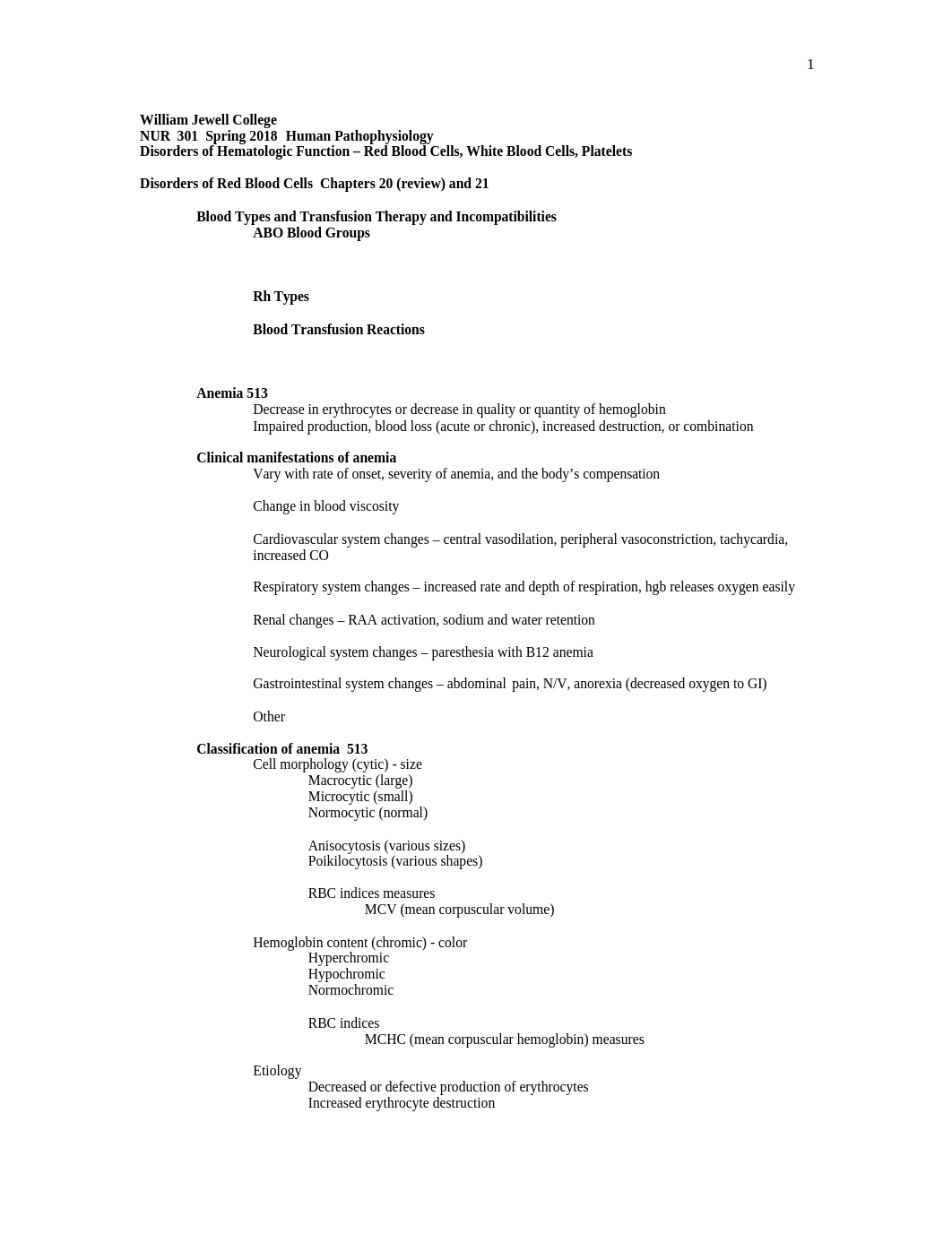 NUR 301 Spring 2018 Hematologic System - Disorders of RBC, WBC, Plt and Lymphoid Tissue .docx_dx2szii75rl_page1