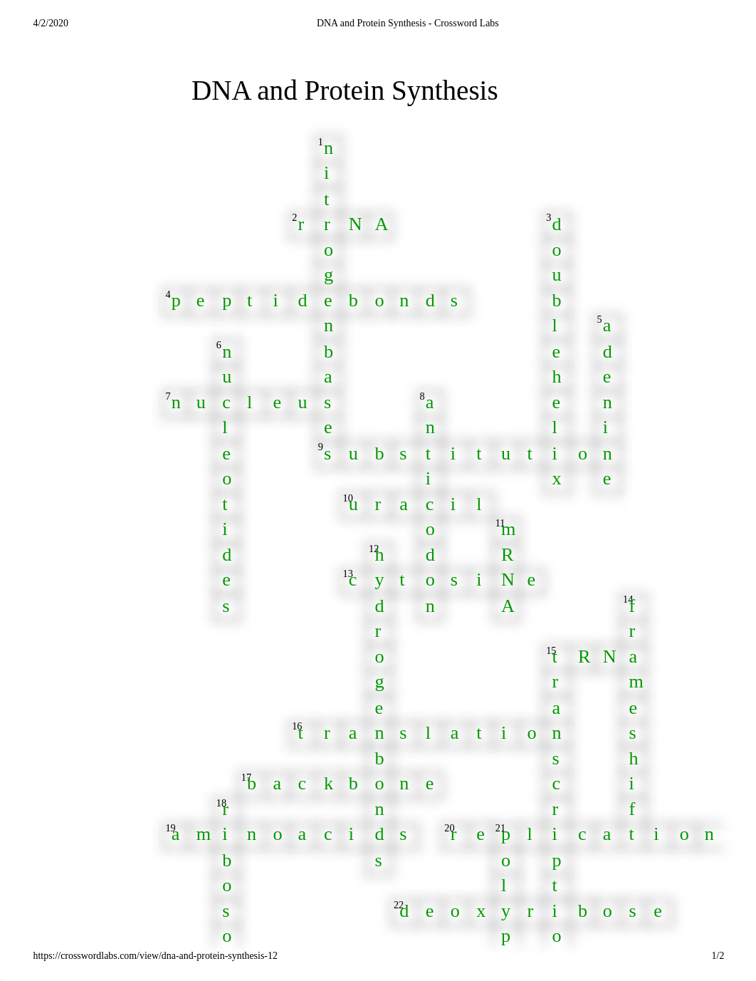 DNA and Protein Synthesis - Crossword Labs.pdf_dx2utveyzyh_page1