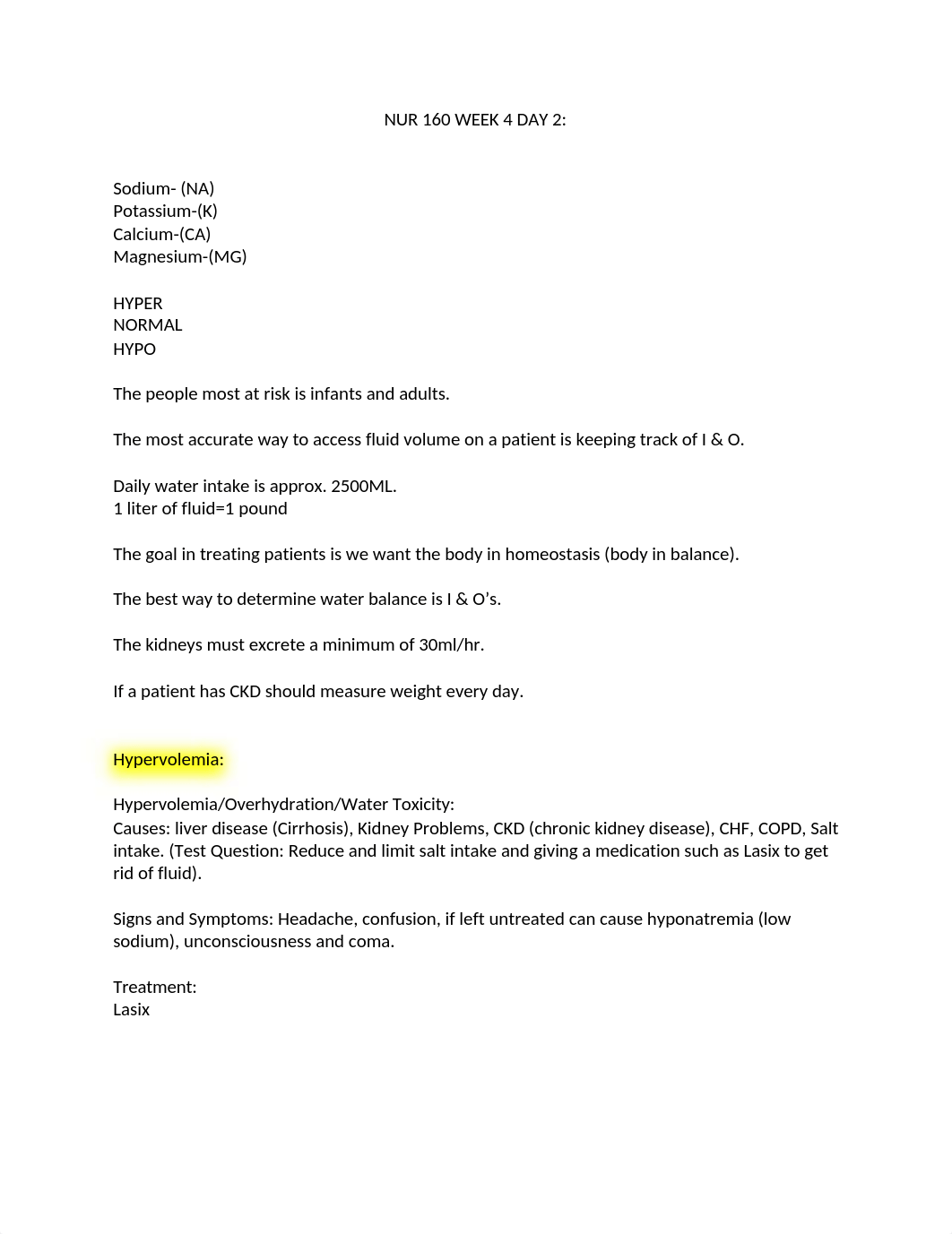 NUR 160 Week 4 Day 2 Fluid and Electrolytes .docx_dx4vkmyk9yd_page1