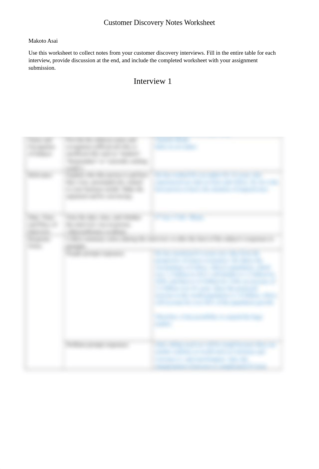 Worksheet - Customer Discovery Notes - Single Interview Makoto Asai.docx_dx5itnuq5ox_page1