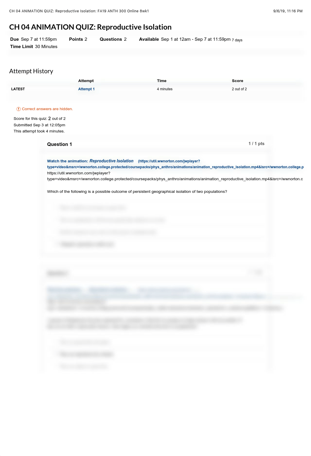 CH 04 ANIMATION QUIZ: Reproductive Isolation: FA19 ANTH 300 Online 8wk1.pdf_dx6lemytsz7_page1