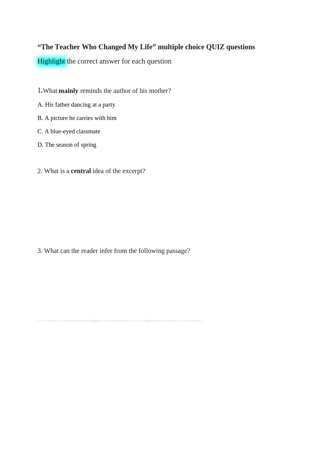 Meryam Dawood - "The Teacher Who Changed My Life" multiple choice QUIZ questions.docx_dx8eieuq1su_page1