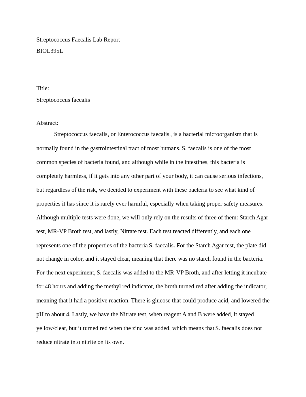 Lab Report - Microbiology Lab - Streptoccocus Faecalis.docx_dxa02750bsu_page1