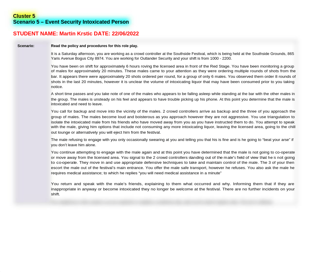 Cluster 5 - Scenario 5 Assessment - Event Security Intoxicated Person Martin Krstic.docx_dxa2vaatw67_page1