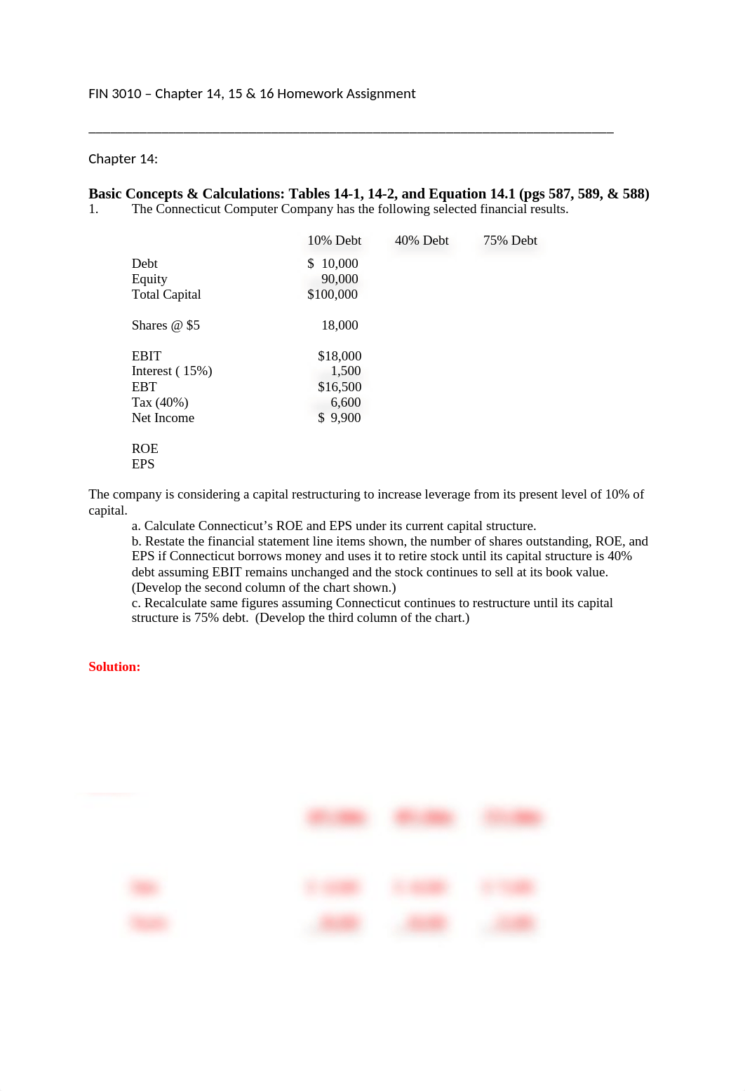 FIN 3010 - Chapter 14, 15 & 16 Homework Assignment - Mikel Hunter.doc_dxkrshrxiyn_page1