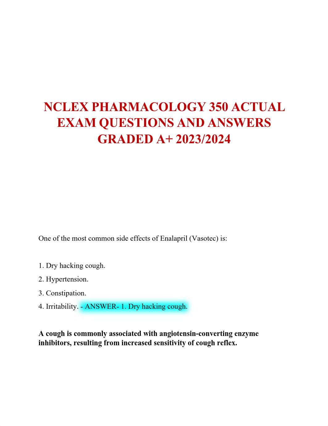 NCLEX PHARMACOLOGY 350 ACTUAL EXAM QUESTIONS AND ANSWERS GRADED A.pdf_dxmj8lcugu2_page1