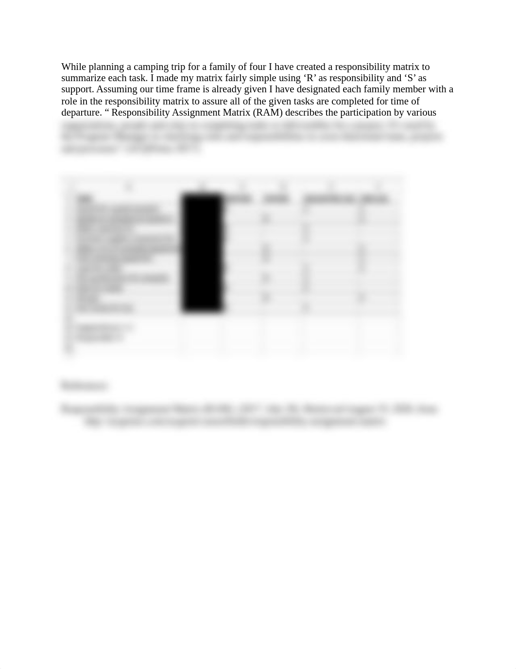 While planning a camping trip for a family of four I have created a responsibility matrix to summari_dxr7car4ag0_page1