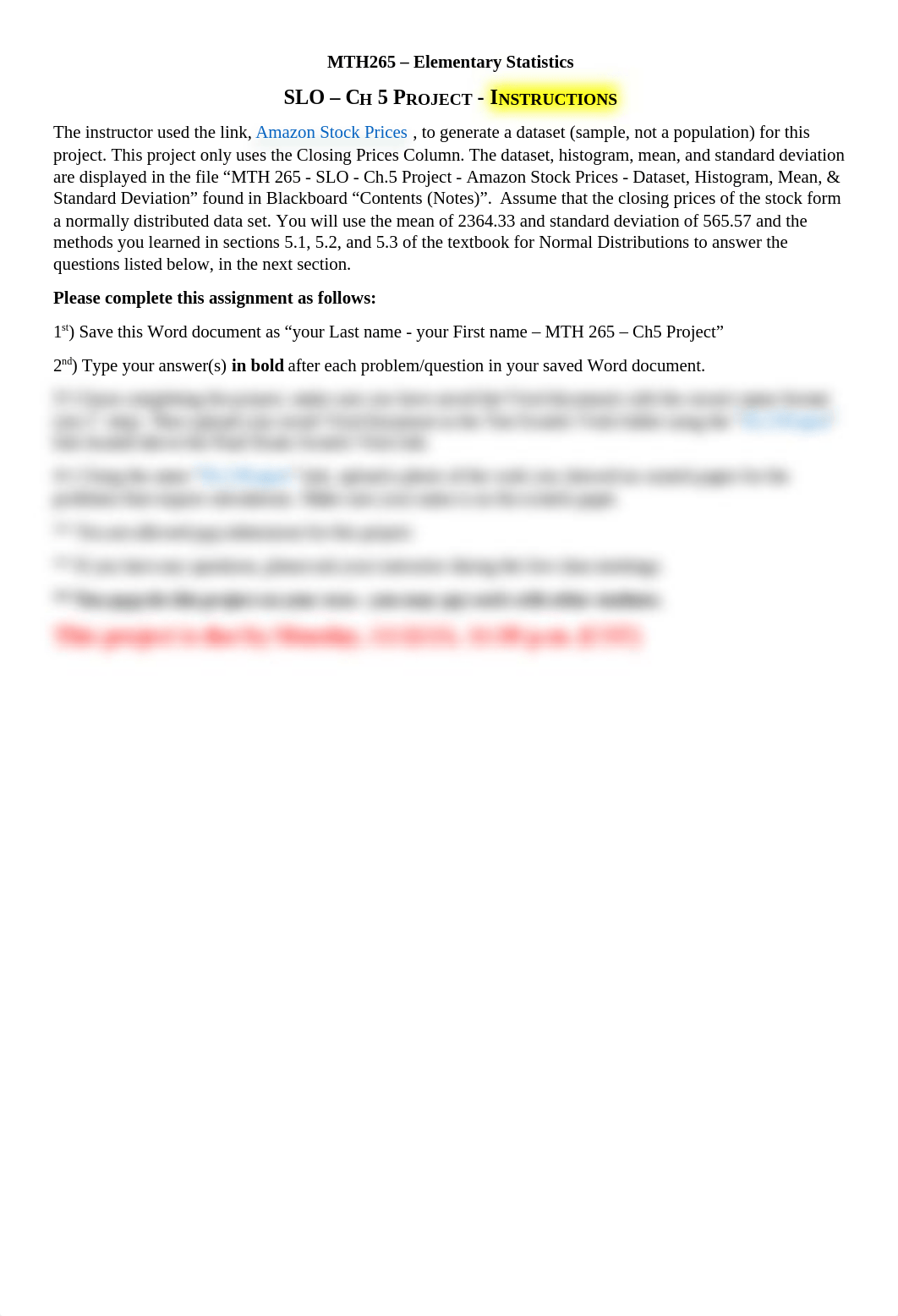 MTH 265 - SLO - Ch.5 Project - Amazon Stock Prices - Instructions & Questions - Fall 2021.docx_dxro7ju7rps_page1