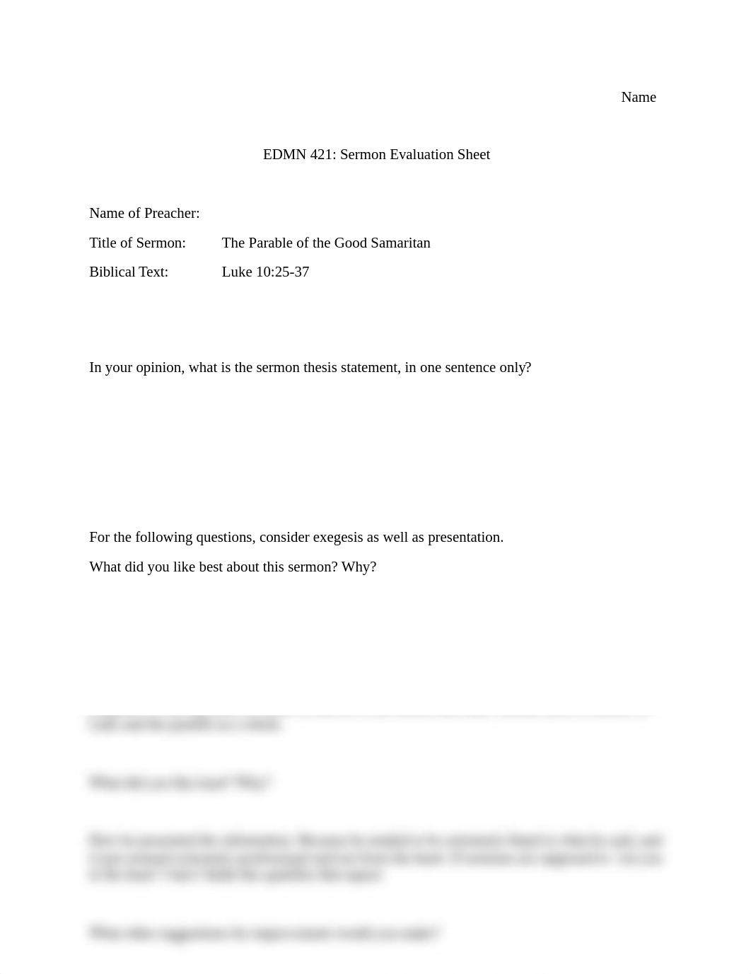 Sermon Evaluation Worksheet - The Parable of the Good Samaritan - Homework_dxs673g01d1_page1