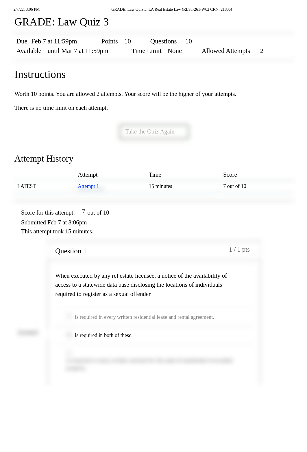 GRADE_ Law Quiz 3_ LA Real Estate Law (RLST-261-W02 CRN_ 21806).pdf_dxs6byeoi34_page1