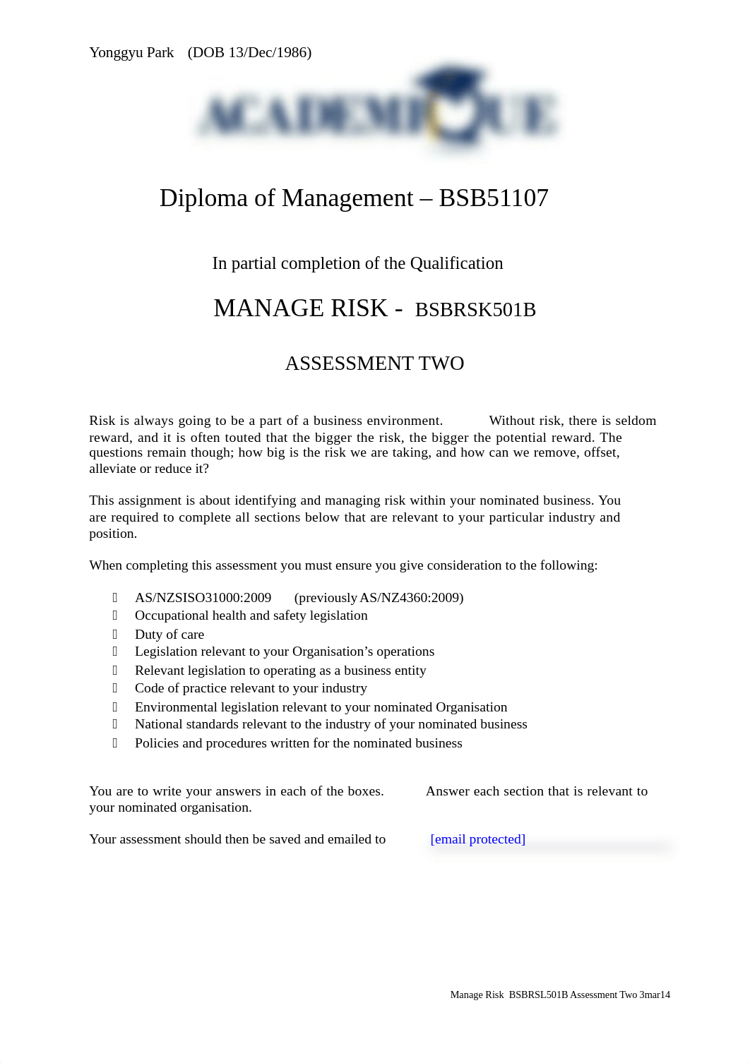 Yonggyu Park - 02. Manage Risk BSBRSK501B Assessment Two  4mar14_dxu6dvqu29x_page1