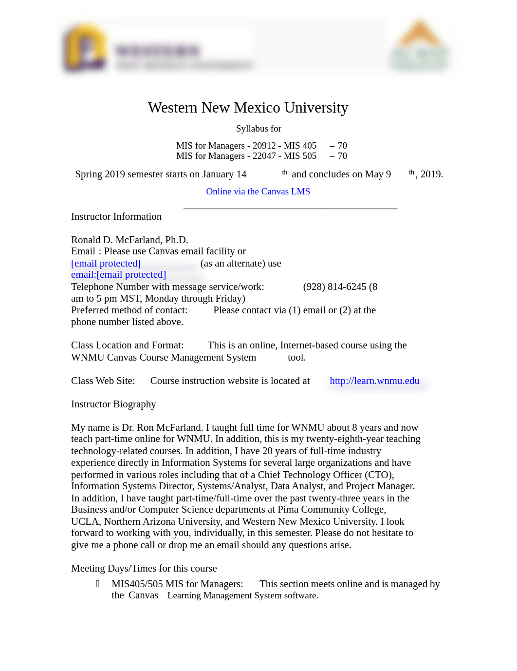 WNMU MIS405 505 Syllabus MIS for Managers Spring 2019 version 2.pdf_dxv084ckh0o_page1