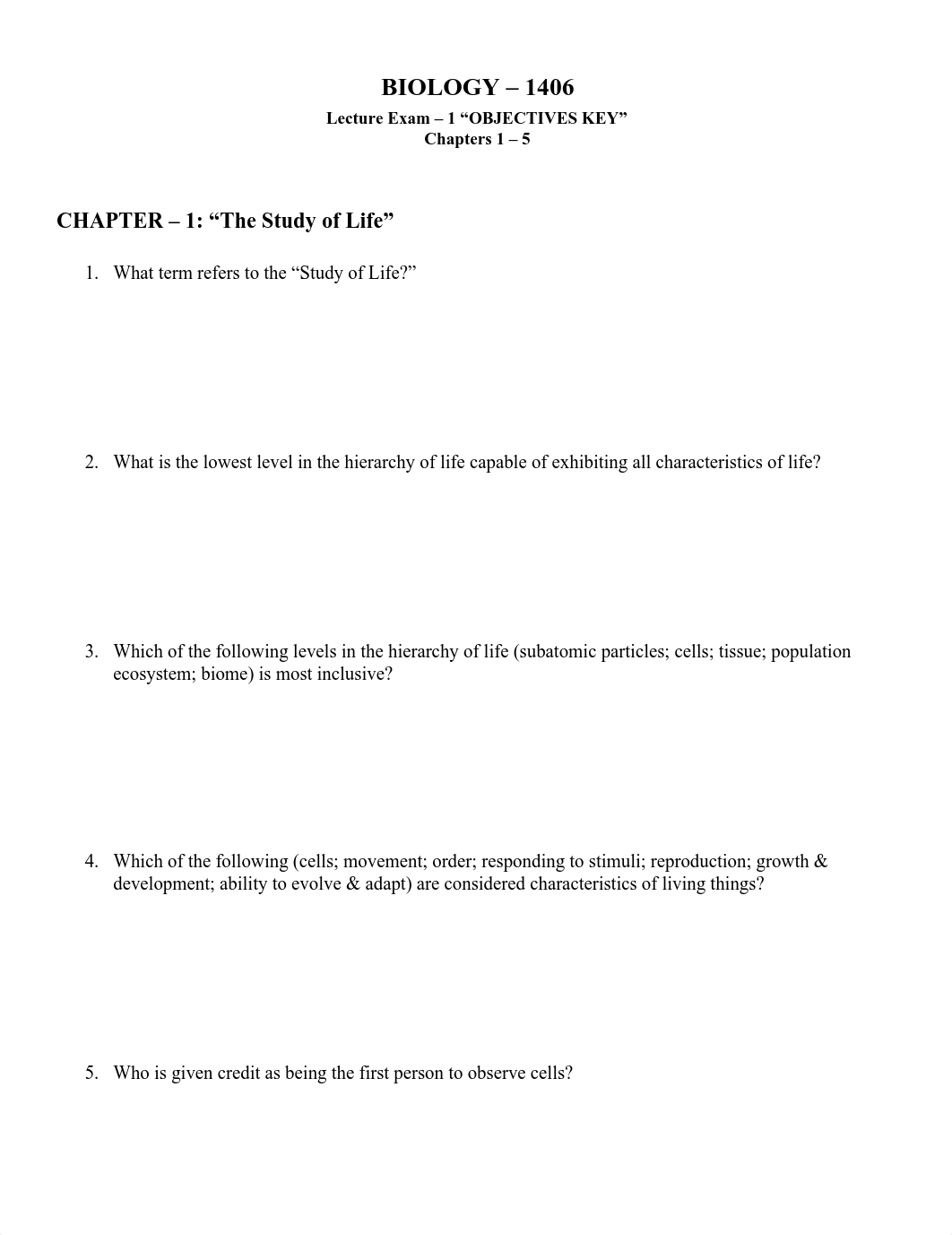 BIOL-1406 Lecture Exam - 1 OBJECTIVES KEY (Chapters 1-5; online)(1).pdf_dxwcsqtid2k_page1