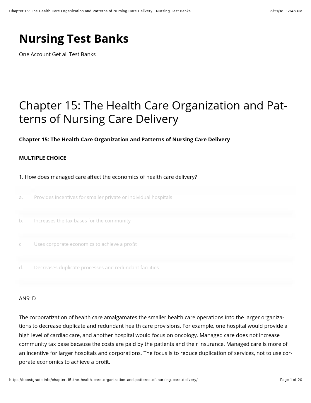 Chapter 15: The Health Care Organization and Patterns of Nursing Care Delivery | Nursing Test Banks._dxzmomejdzu_page1