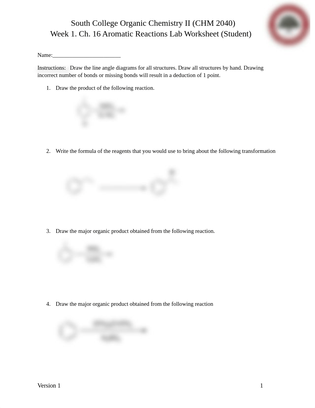 Week 1. Lab Worksheet on Ch. 16 Aromatic Reactions - student (revised 7-12).docx_dy0q3crcq0q_page1