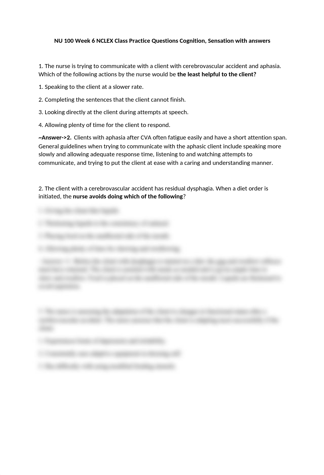 NU 100 Week 6 NCLEX Practice Questions Cognition and Sensation with answers (1).docx_dy15dp66drz_page1