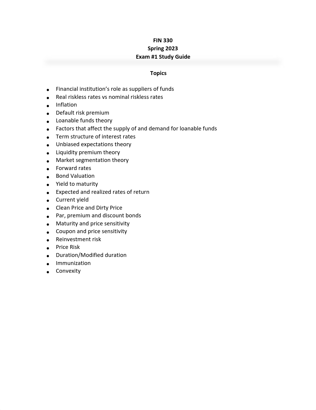 FIN 330 Spring 2023 Exam #1 Study Guide.pdf_dy4ys1xabzb_page1