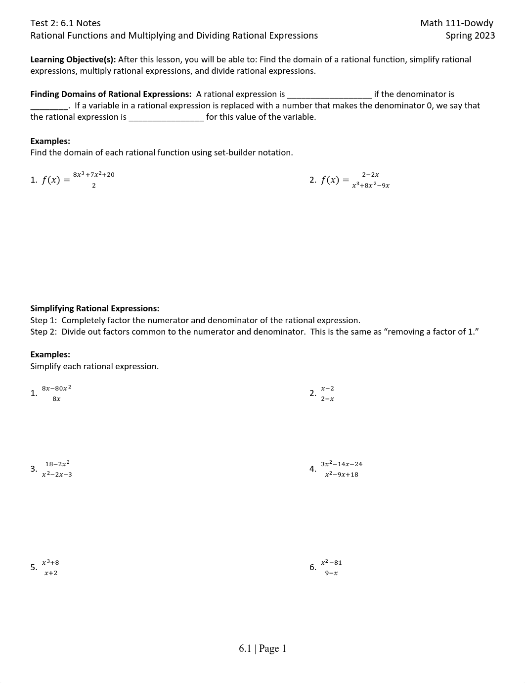 6.1 Notes (Rational Functions and Multiplying and Dividing Rational Expressions).pdf_dy5ckkw97wf_page1