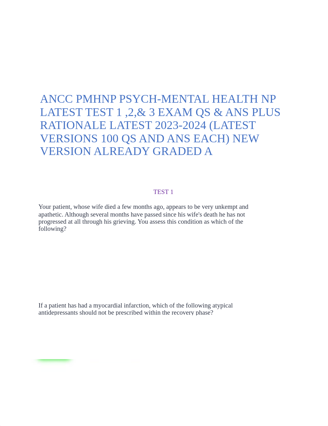 ANCC PMHNP PSYCH-MENTAL HEALTH NP LATEST TEST 1 ,2,& 3 EXAM QS & ANS PLUS RATIONALE LATEST 2023-2024_dy5h027q5vy_page1