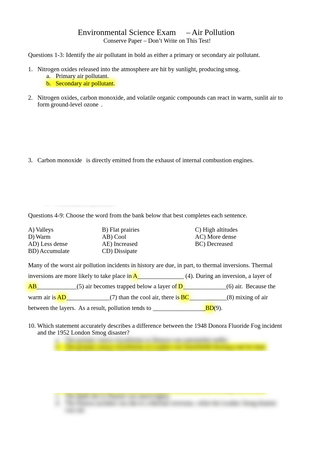 Unit 13 - Air Pollution Multiple Choice (Answer Key).docx_dy7rtjq8yqm_page1