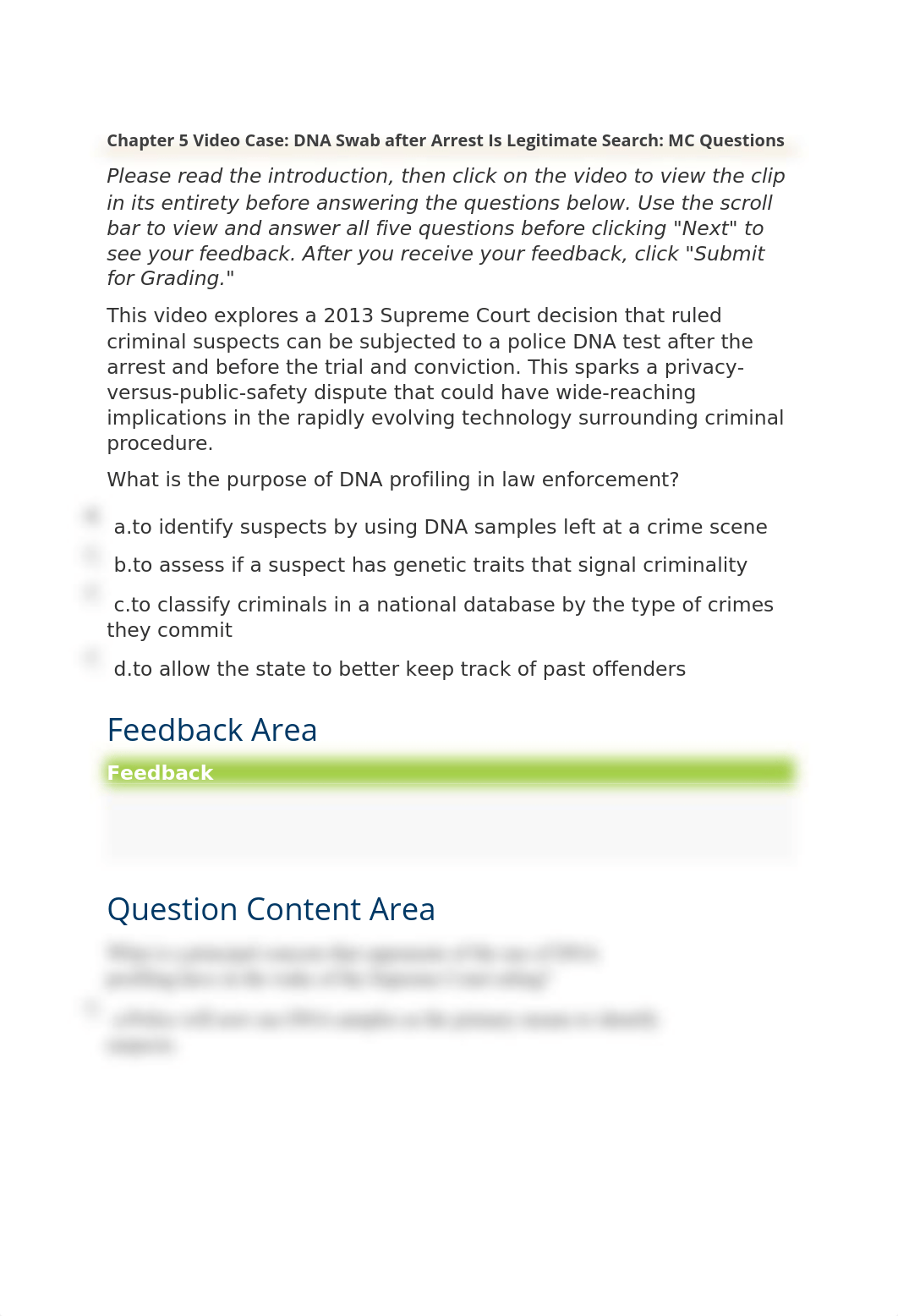 Chapter 5 Video Case DNA Swab after Arrest Is Legitimate Search MC Questions.docx_dy8ge9jji6g_page1