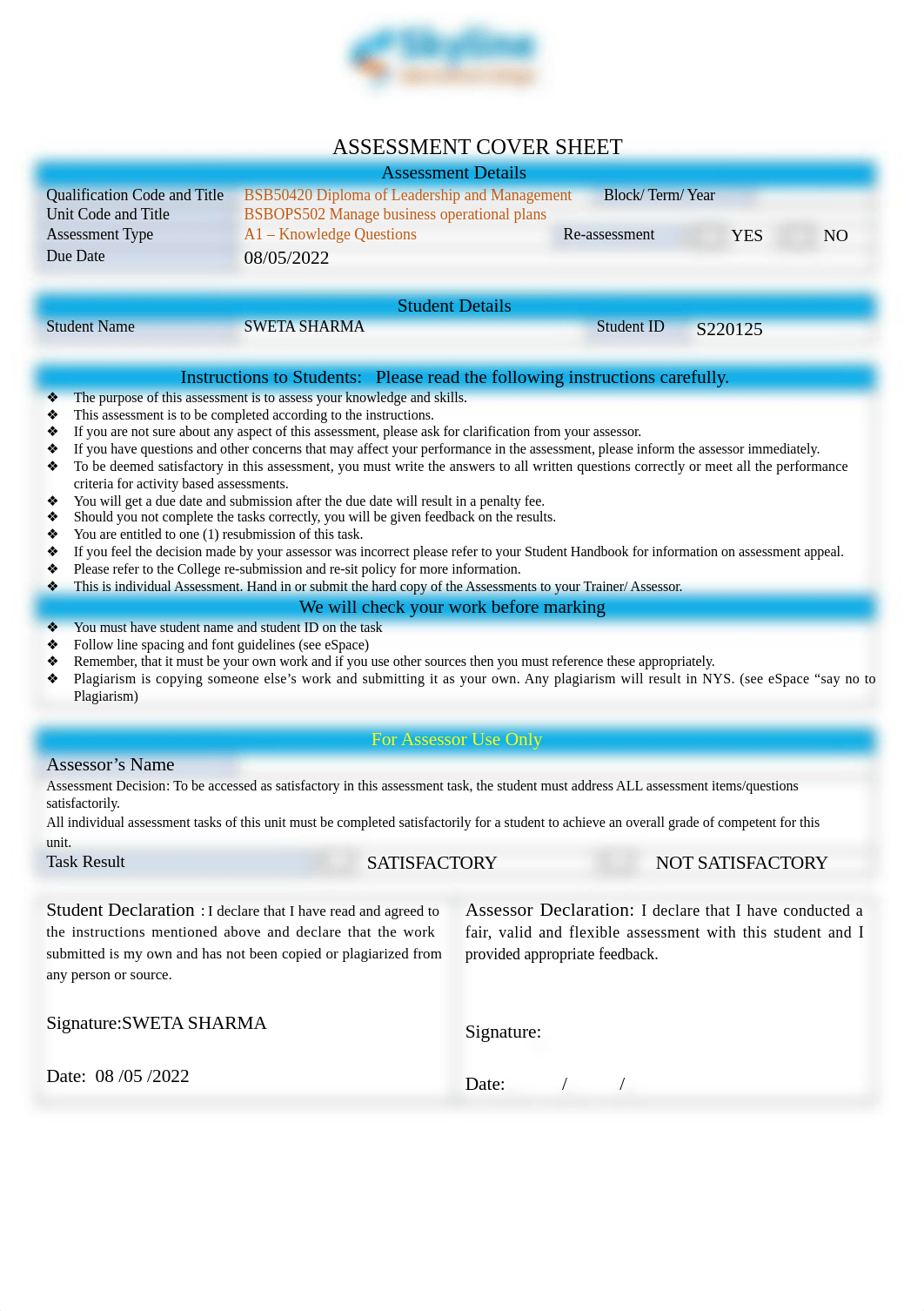 S220125 SWETA SHARMA BSBOPS502_Assessment1_Knowledge Questions.docx_dy9t0sfsit5_page1