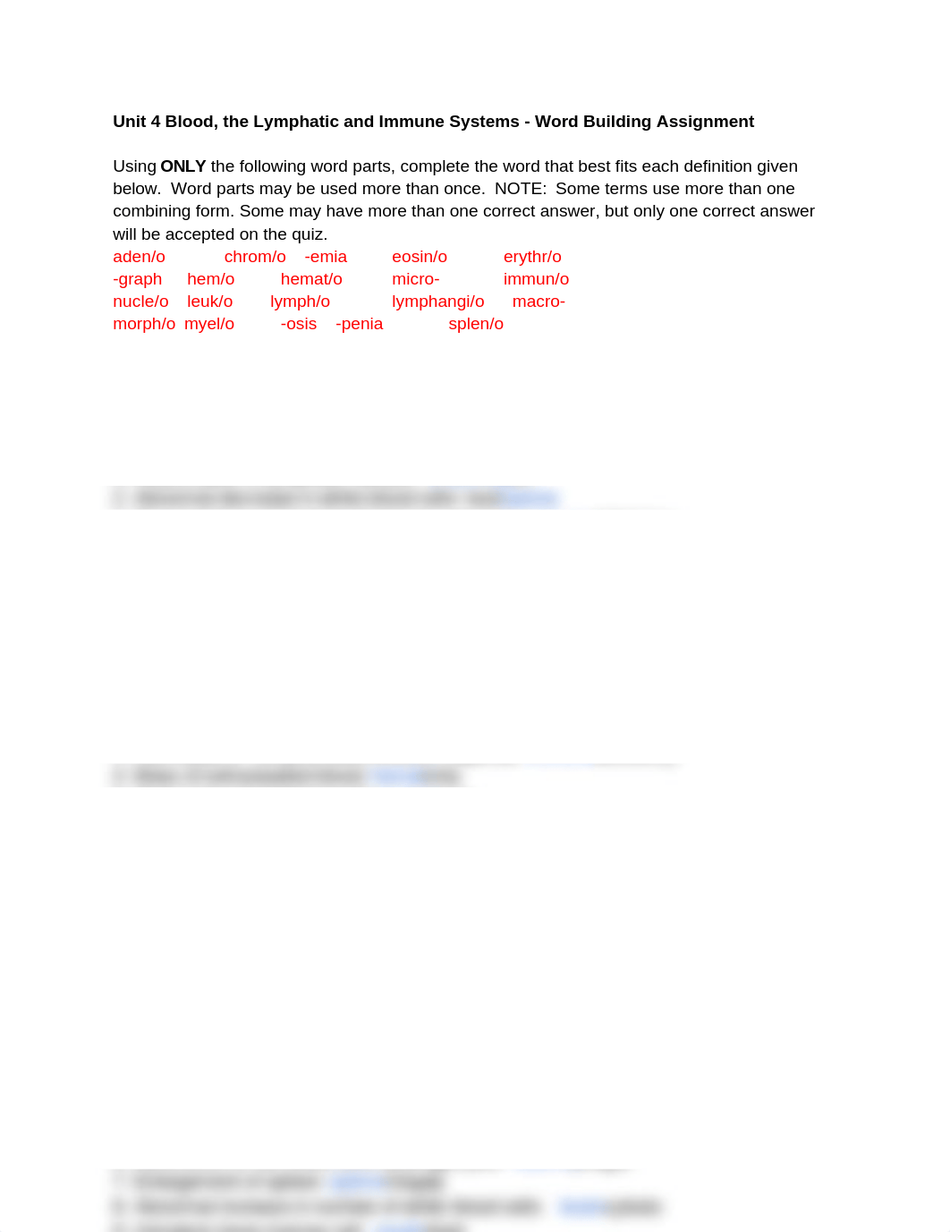 Unit 4 Blood, the Lymphatic and Immune Systems - Word Building Assignment_dye0q3zohyt_page1