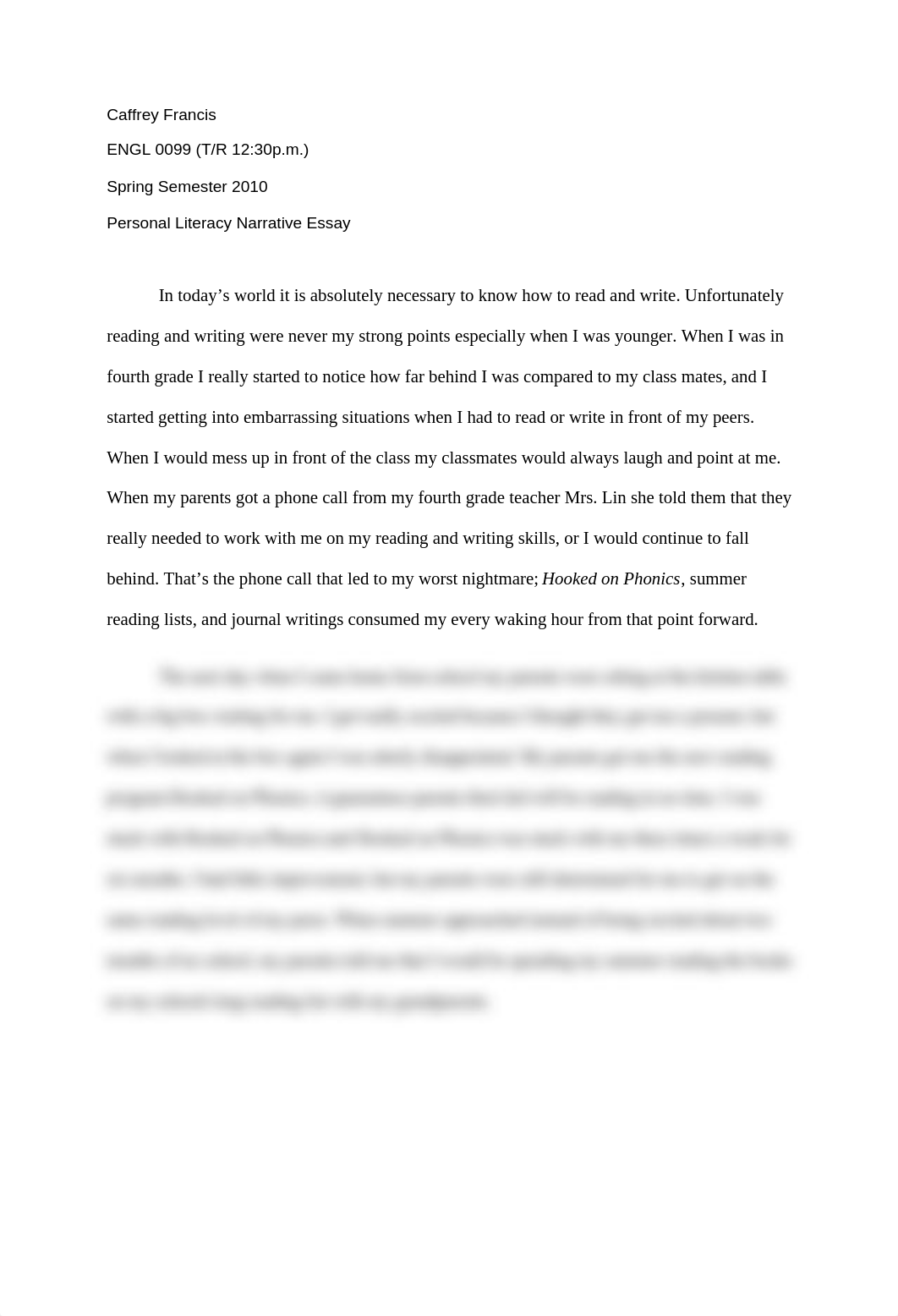 Personal Literacy Narrative Essay English 99 2010_dygtbkkqbq2_page1