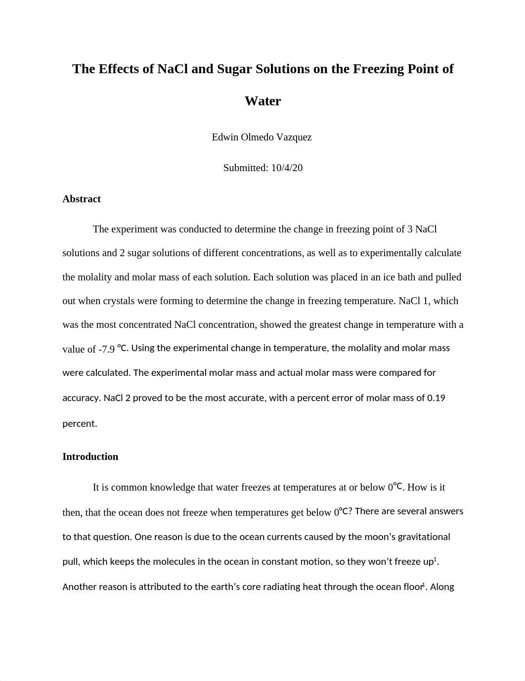 Lab Report 1 The Effects of NaCl and Sugar Solutions on the Freezing Point of Water.docx_dyhunry59sh_page1