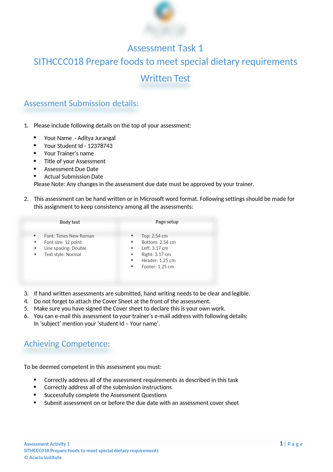 SITHCCC018 - Acacia Institute  -Prepare foods to meet special dietary requirements Aditya Jurangal 1_dyj9cth2i89_page1