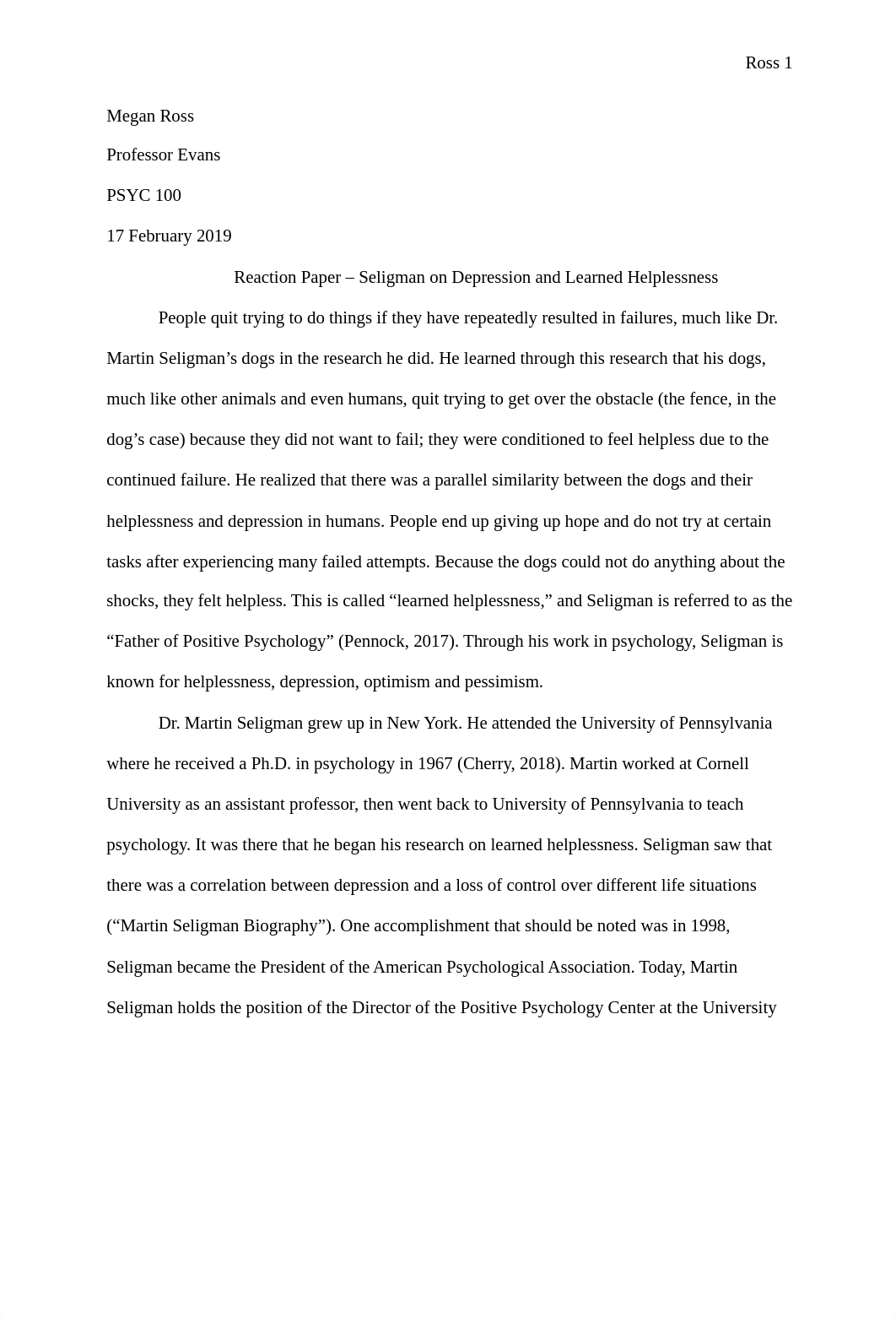 Reaction Paper - Seligman on Depression and Learned Helplessness.docx_dyksz662ond_page1