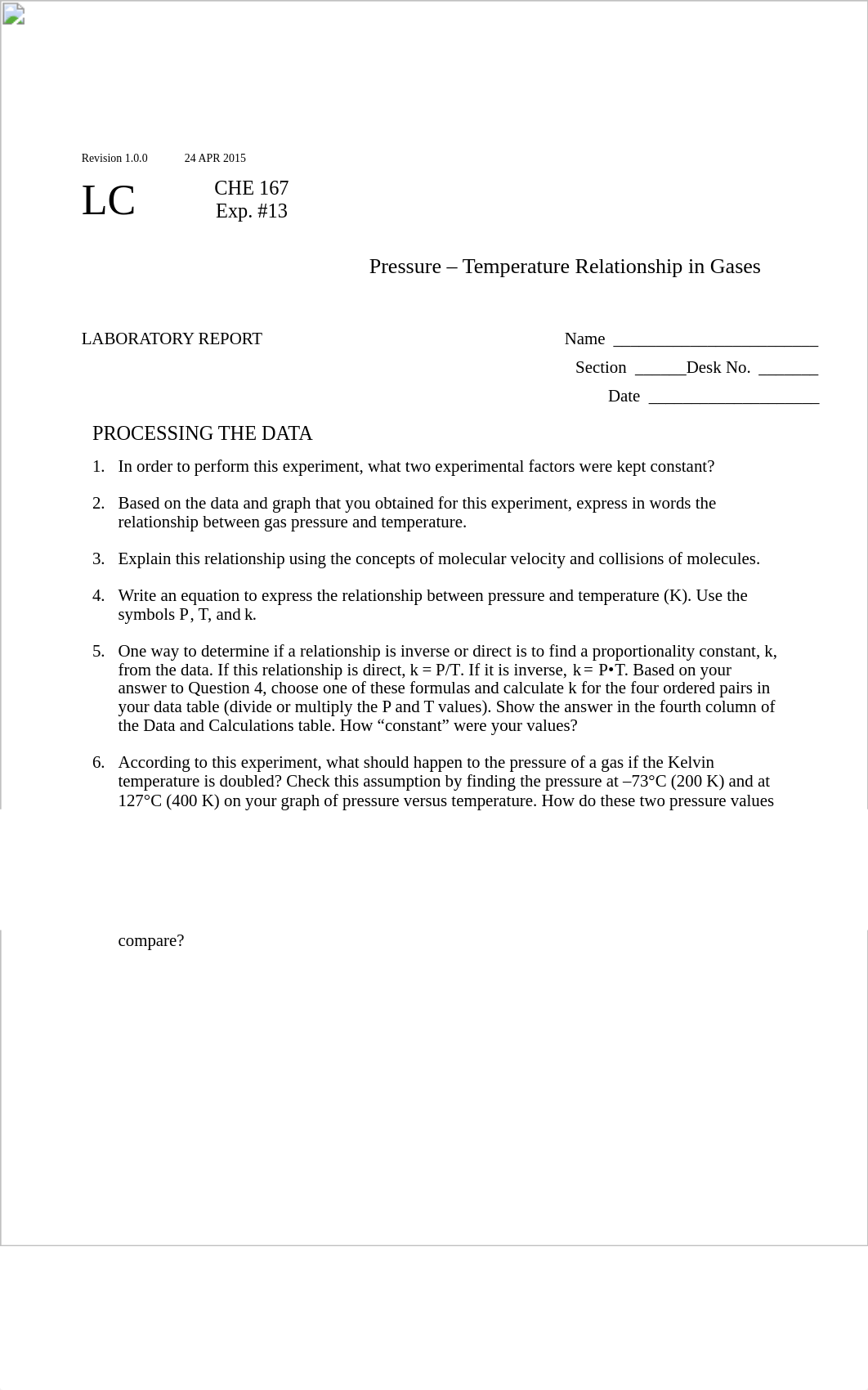 CHE167 - Exp #13- Pressure - Temperature Vernier.pdf_dyn7mym0lzk_page1