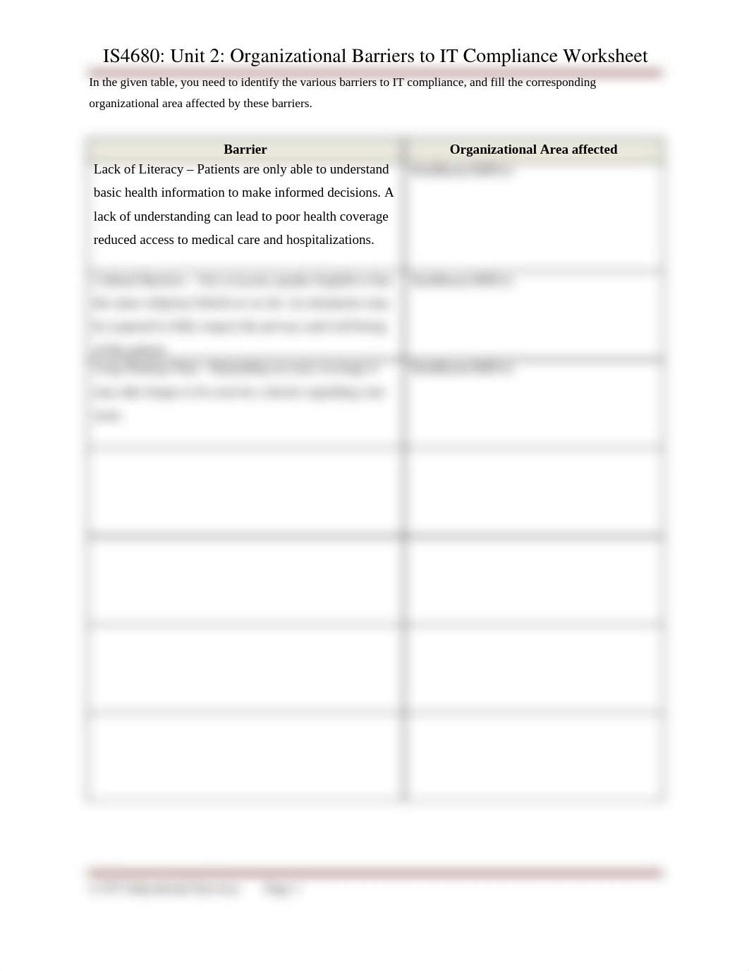 Unit 2 Discussion 1 - Organizational Barriers to IT Compliance Worksheet_dyooeza2zul_page1