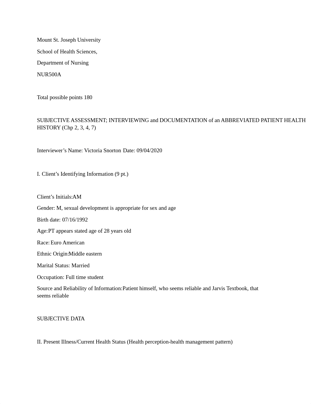 Victoria Snorton Lab Worksheet Subjective Assessment Interview Patient Abbreviated Health History.do_dyp2njs0zx3_page1