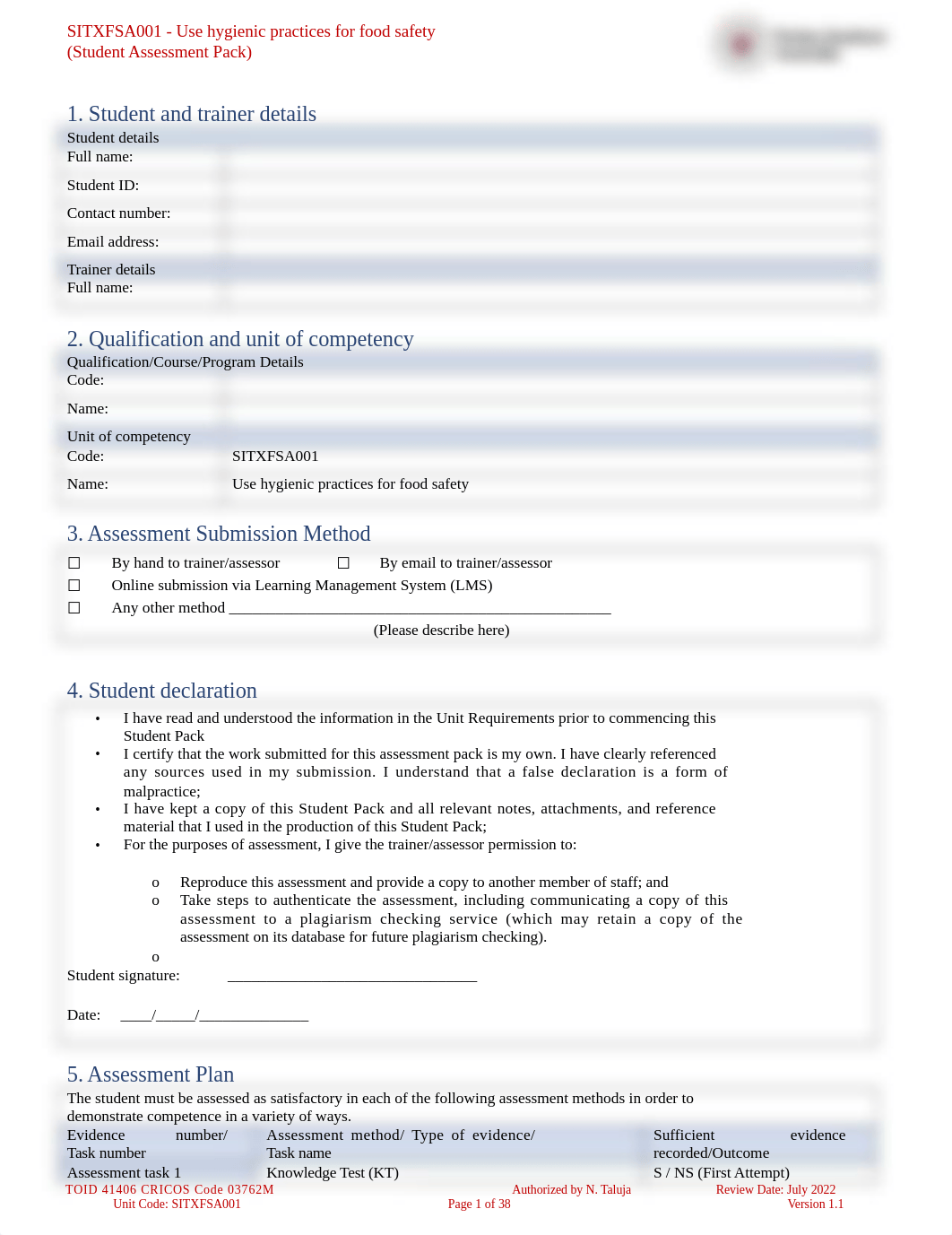 SITXFSA001 Student Assessment Pack (1).docx_dyqglli59xq_page1