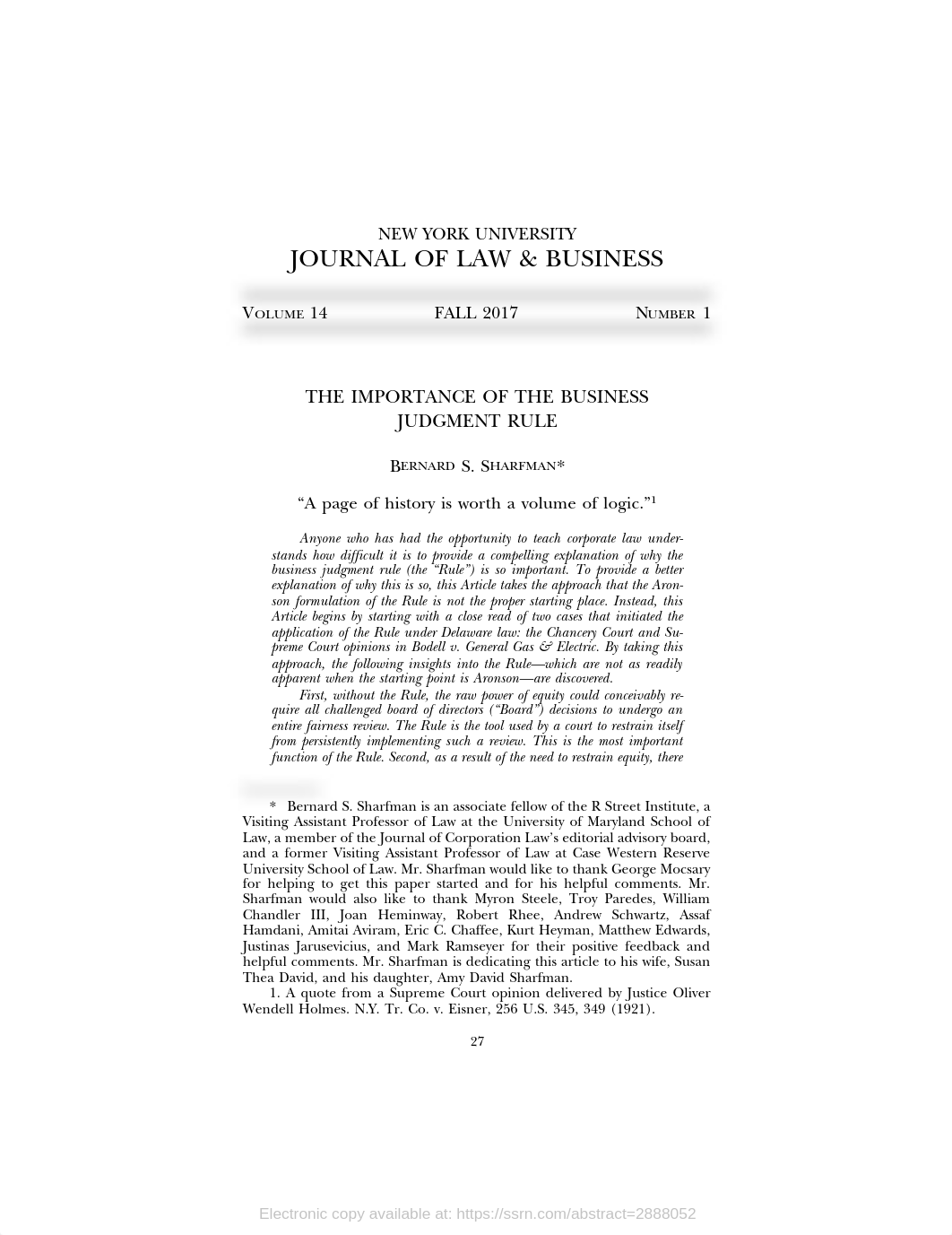 Bernard Sharfman Importance of the Business Judgment Rule.pdf_dyqp88xepe5_page1